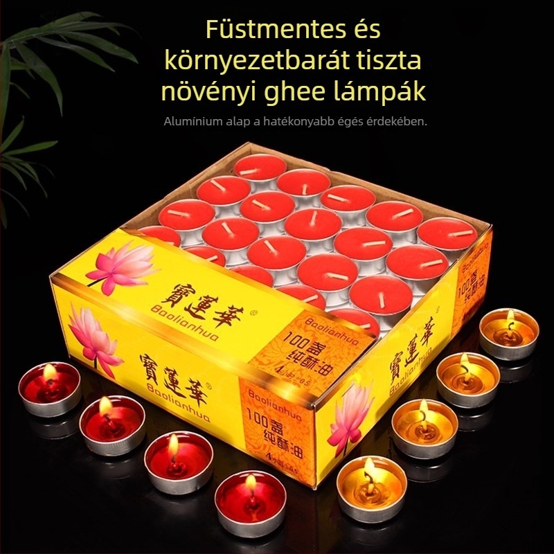 Baolianhua 4 órás vajlámpák, 100 db, növényi ghí alapú, Buddha oltárhoz