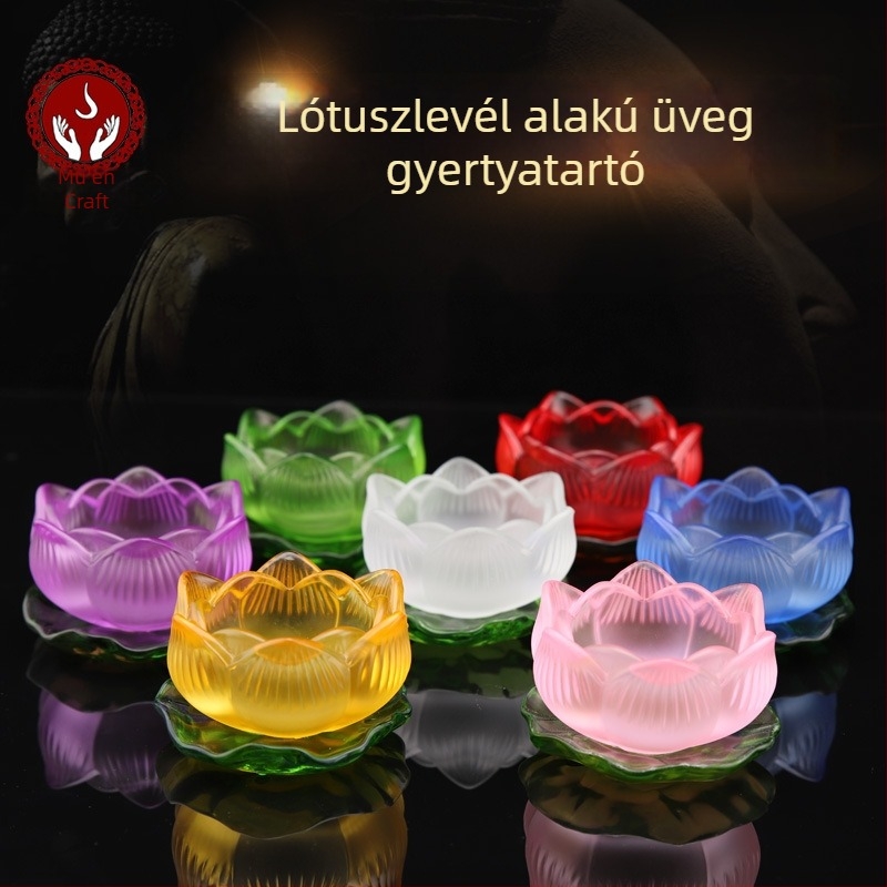 Színes mázas vajlámpa alap, lótuszleveles gyertyatartóval Guanyin lámpához