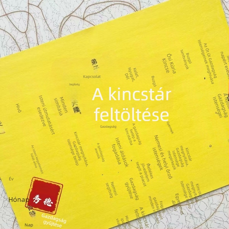 Sárga papírra nyomtatott fekete betűkkel készült teljes készlet, több mint 60 típus; egy csomagban 30 lap található; minden lap egyértelmű nyomtatással