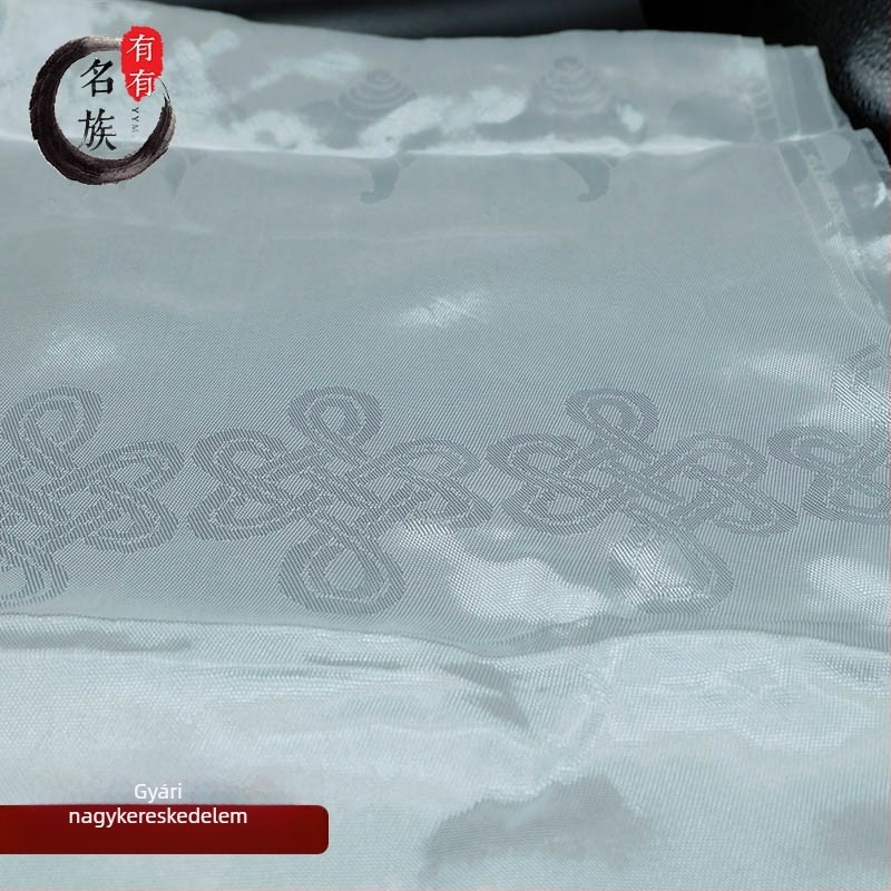 Fehér tibeti stílusú Khata jacquard mintával, nyolc szerencsés szimbólummal buddhista ceremóniákhoz