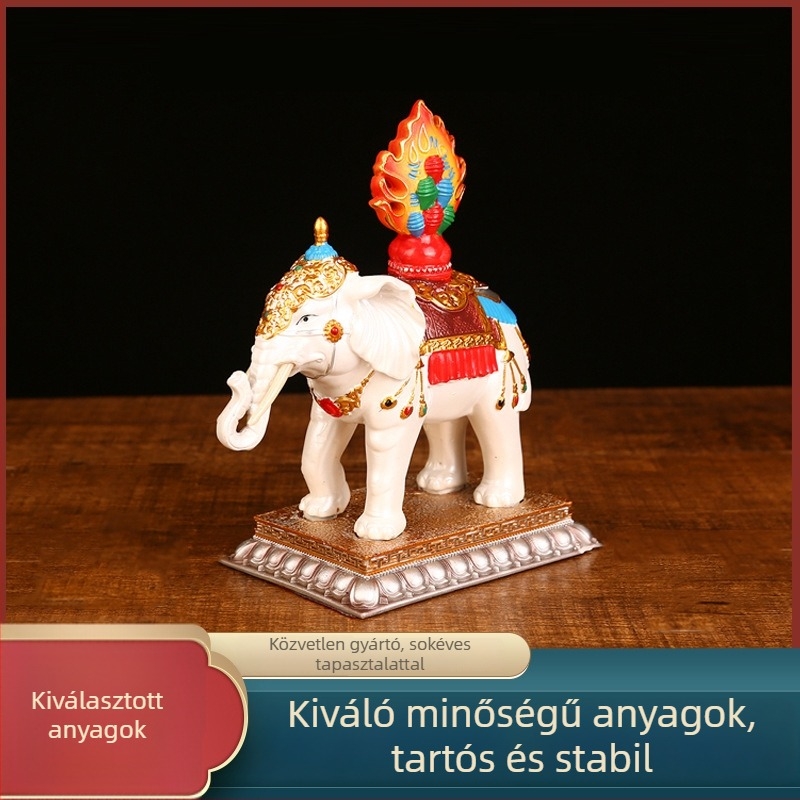 Kézzel készített, festett gyanta buddhista dísz: szerencsés elefánt és nemes ló drágaköves díszítéssel otthoni oltárhoz; Dharma kerék és hét kincs