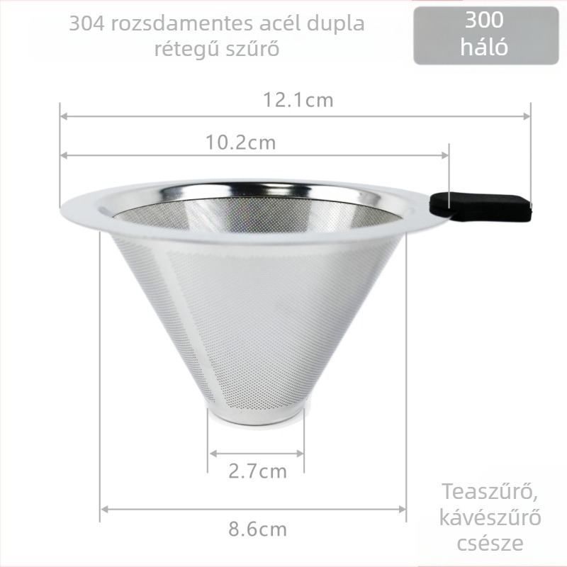 Kézi készítésű kávé készítő 304 rozsdamentes acél kettős rétegű szűrővel, szűrő tölcsér és teafilter otthoni használatra