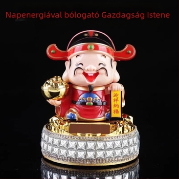 Solárenergiával működő autó-díszfigura – Gazdagság Istene automatikus fejfordulással, Buddha-szobor belső dekorációhoz