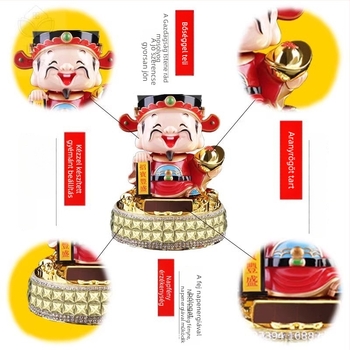 Solárenergiával működő autó-díszfigura – Gazdagság Istene automatikus fejfordulással, Buddha-szobor belső dekorációhoz