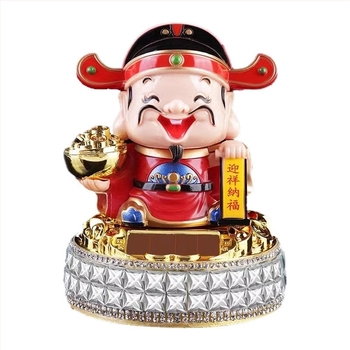 Solárenergiával működő autó-díszfigura – Gazdagság Istene automatikus fejfordulással, Buddha-szobor belső dekorációhoz