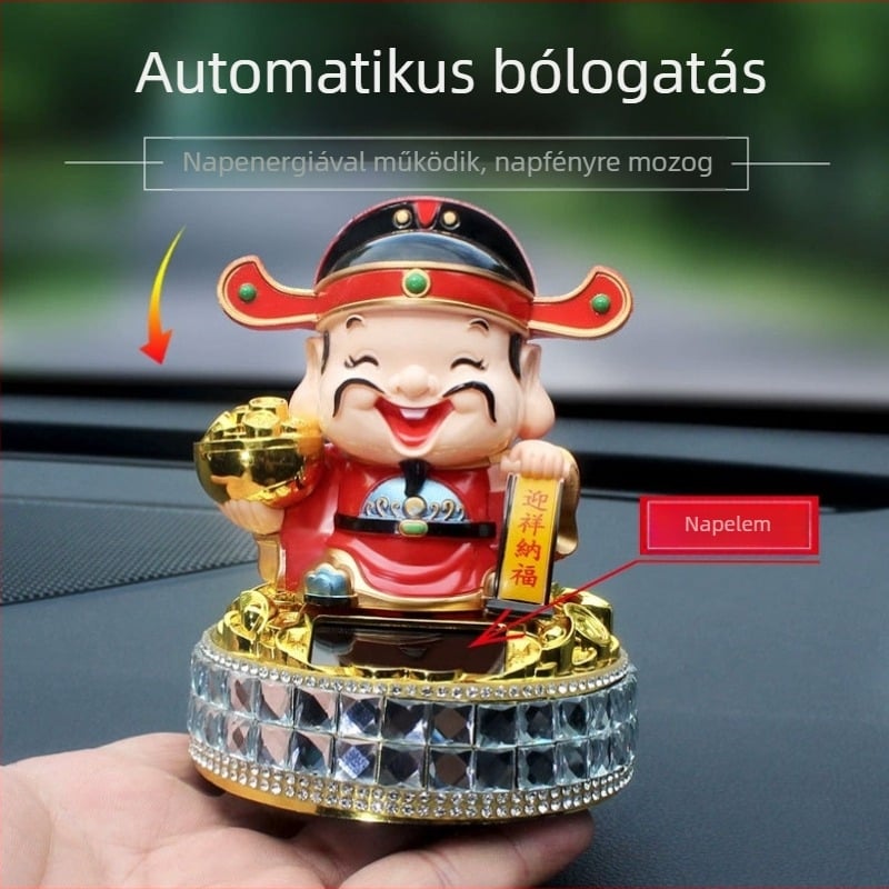 Solárenergiával működő autó-díszfigura – Gazdagság Istene automatikus fejfordulással, Buddha-szobor belső dekorációhoz