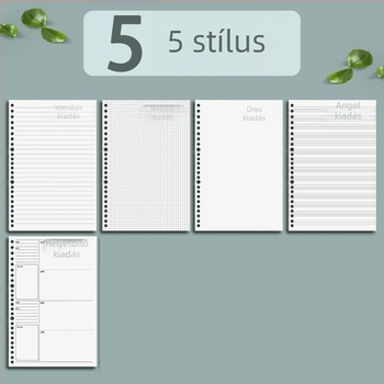 Lépő notebook refill: B5-ös 26 lyuk; leválasztható; A5 vonalas oldalak; A6 20 lyukas rács oldal; 60 oldal