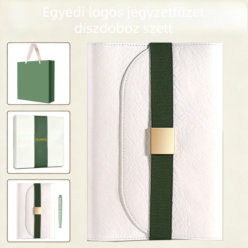 Egyedi logóval készített notesz ajándékdobozban, környezetbarát puha borítóval, pánttal, értekezlet jegyzetfüzettel, trendi luxus ajándék