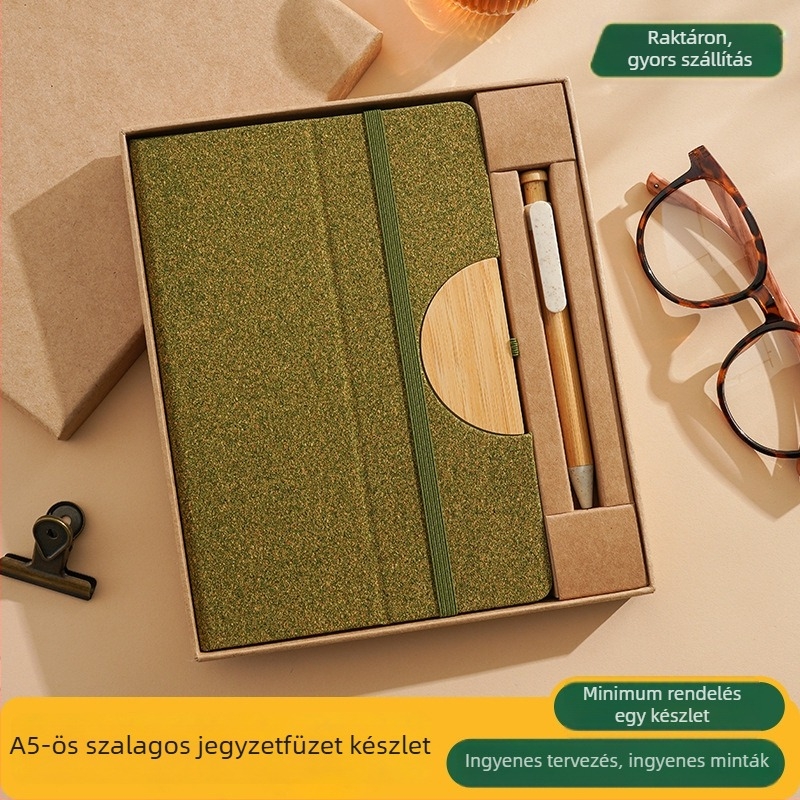 Notesz ajándékdoboz egyedi logóval céges megnyitóra, környezetbarát, újrahasznosított anyagokból