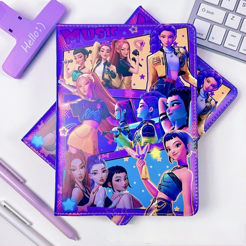 Új K-pop démonvadász lány bőrhatású notesz, teljes színes oldalakkal, diák napló, rajzfilmszerű stílus, 100–200 oldal