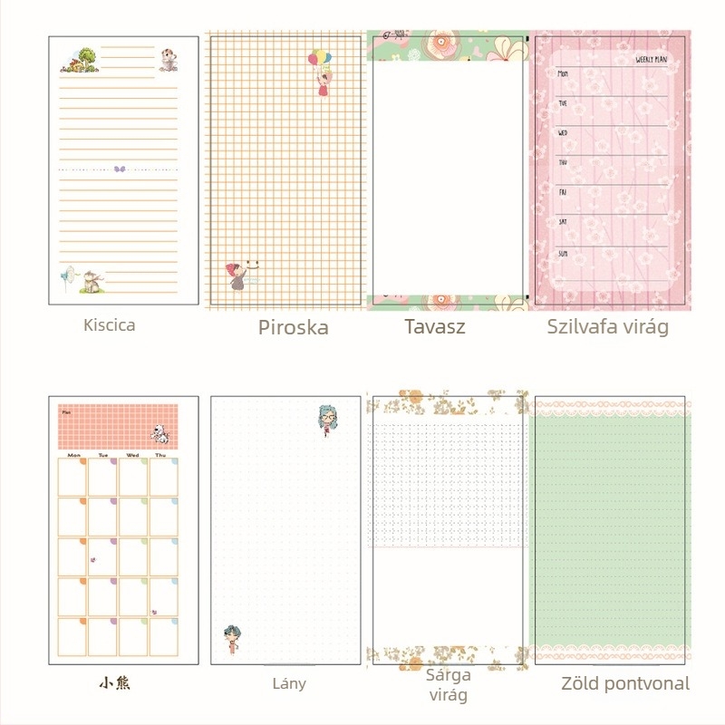 A6-os loose-leaf notesz refill – heti és havi tervező oldalak, színes belső lapok, SZ-001