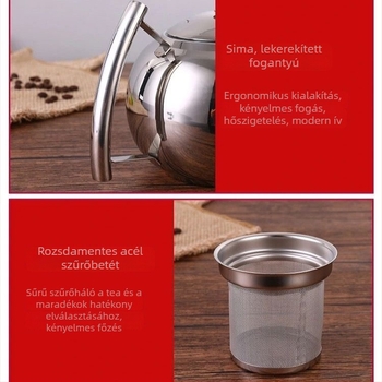 Vastag falú rozsdamentes acél teáskanna arany színben, kereskedelmi éttermeknek és szállodáknak, szűrővel.