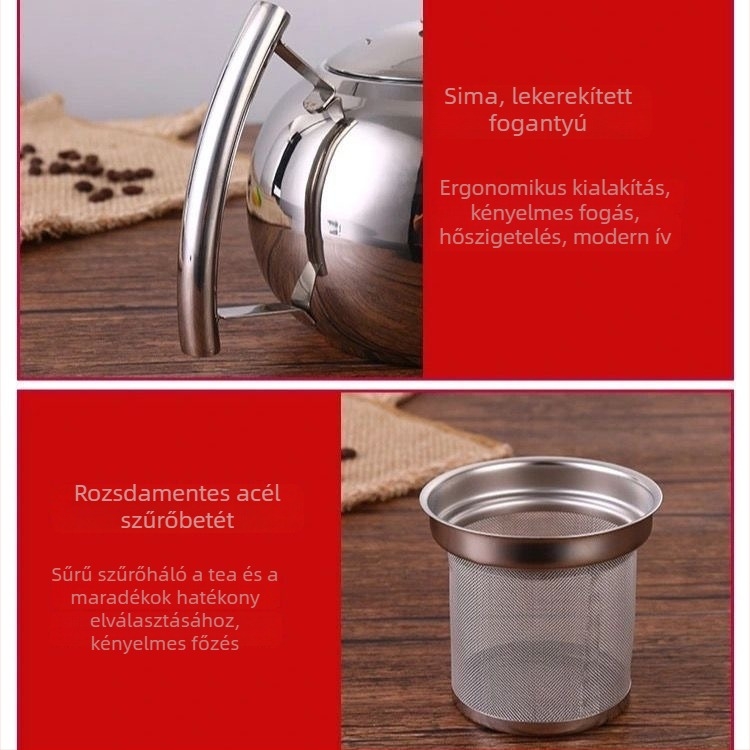 Vastag falú rozsdamentes acél teáskanna arany színben, kereskedelmi éttermeknek és szállodáknak, szűrővel.