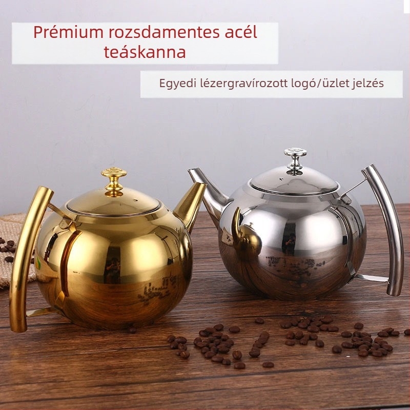 Vastag falú rozsdamentes acél teáskanna arany színben, kereskedelmi éttermeknek és szállodáknak, szűrővel.