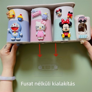 Rajzfilmfigurás falra szerelhető fogkefetartó készlet szívókoronggal, pohárral és tárolóval gyerekeknek
