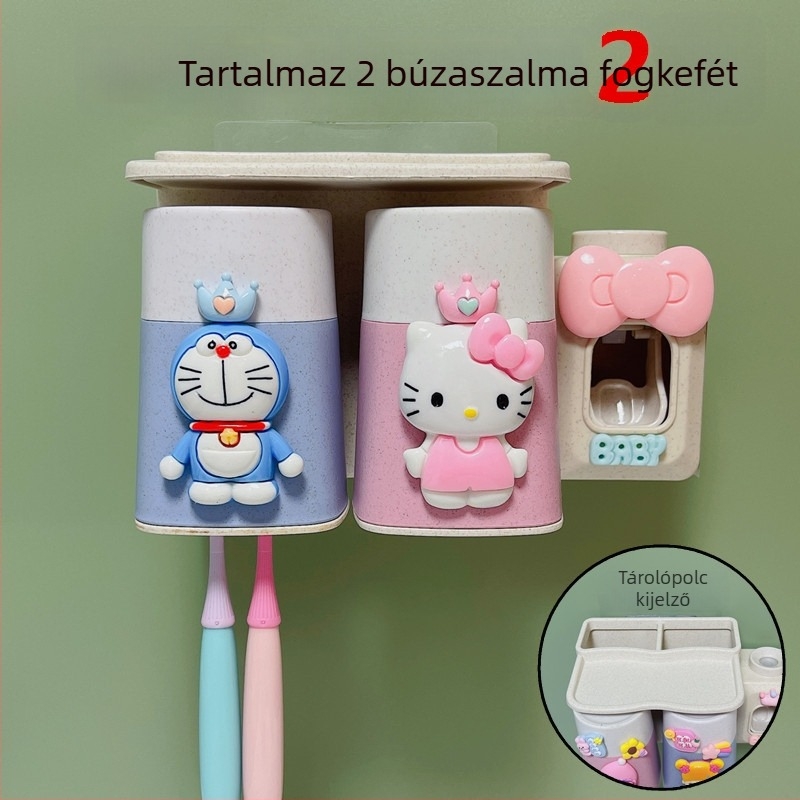 Rajzfilmfigurás falra szerelhető fogkefetartó készlet szívókoronggal, pohárral és tárolóval gyerekeknek