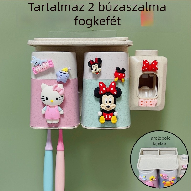 Rajzfilmfigurás falra szerelhető fogkefetartó készlet szívókoronggal, pohárral és tárolóval gyerekeknek