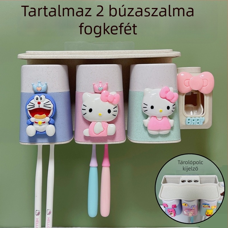 Rajzfilmfigurás falra szerelhető fogkefetartó készlet szívókoronggal, pohárral és tárolóval gyerekeknek