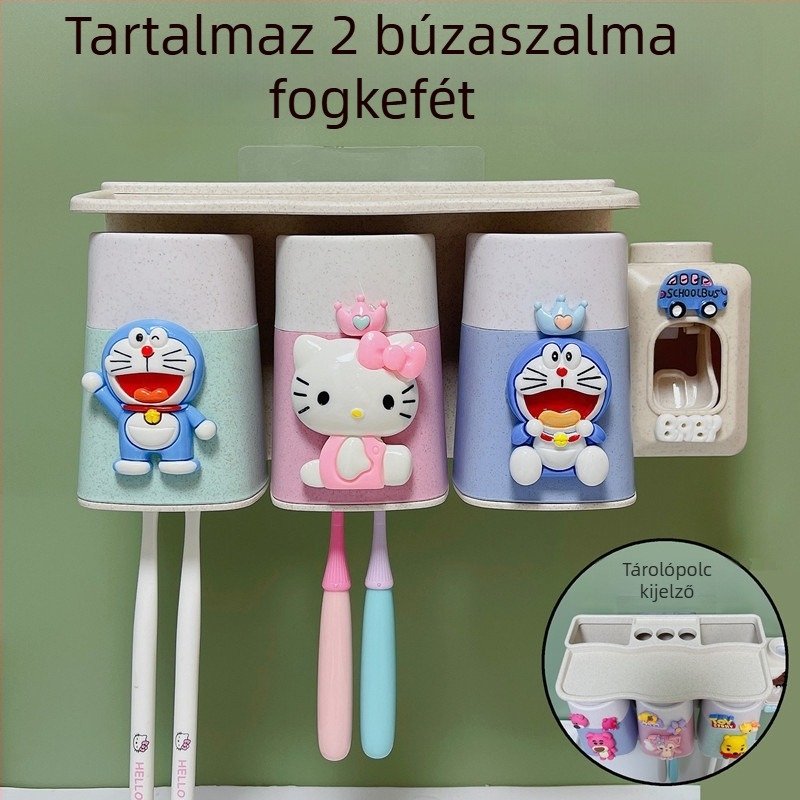 Rajzfilmfigurás falra szerelhető fogkefetartó készlet szívókoronggal, pohárral és tárolóval gyerekeknek