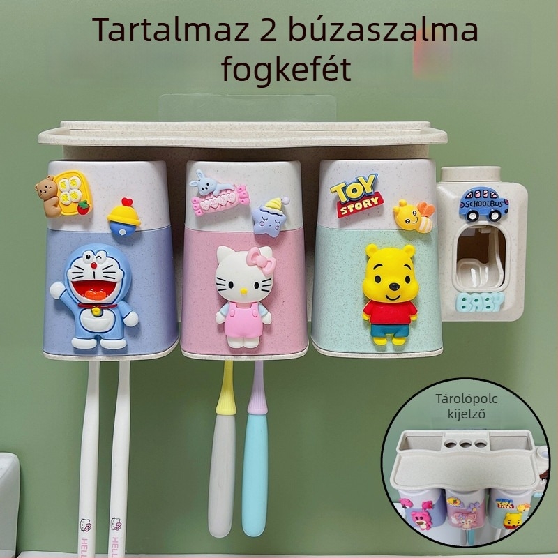 Rajzfilmfigurás falra szerelhető fogkefetartó készlet szívókoronggal, pohárral és tárolóval gyerekeknek