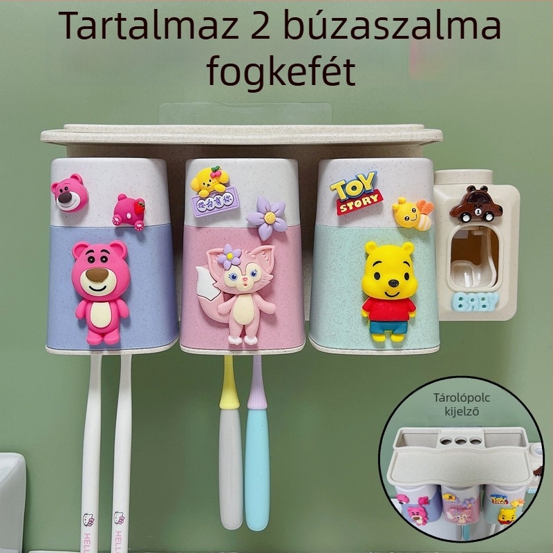 Rajzfilmfigurás falra szerelhető fogkefetartó készlet szívókoronggal, pohárral és tárolóval gyerekeknek