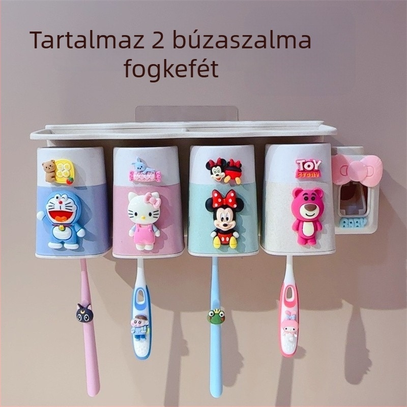 Rajzfilmfigurás falra szerelhető fogkefetartó készlet szívókoronggal, pohárral és tárolóval gyerekeknek