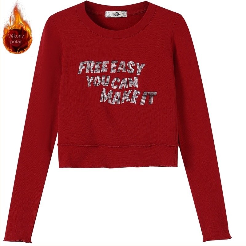 2026 tavaszi női sportos szett: vékony fleece anyagú strasszos T-Shirt és ívelt szélű nadrág, két darabos szett karcsúsító hatással