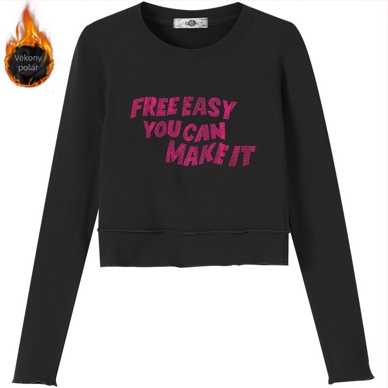 2026 tavaszi női sportos szett: vékony fleece anyagú strasszos T-Shirt és ívelt szélű nadrág, két darabos szett karcsúsító hatással