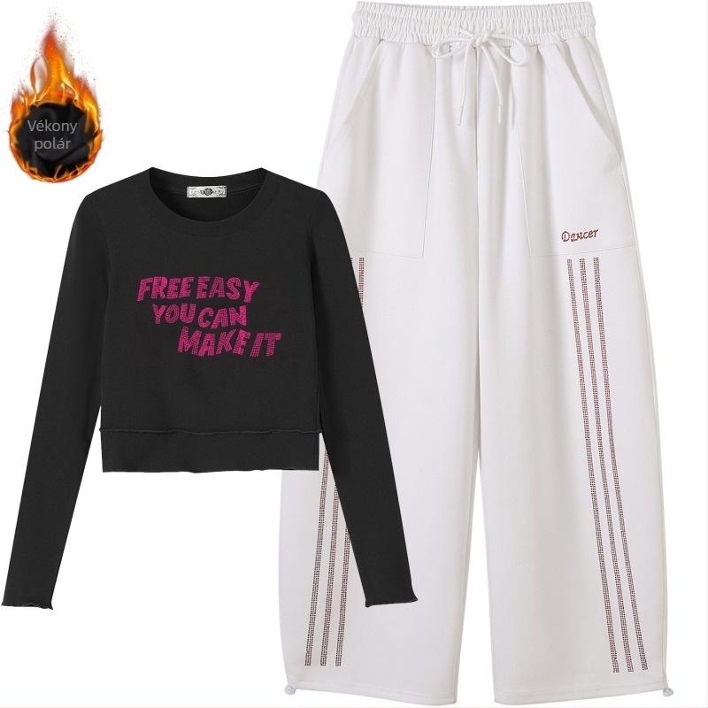 2026 tavaszi női sportos szett: vékony fleece anyagú strasszos T-Shirt és ívelt szélű nadrág, két darabos szett karcsúsító hatással
