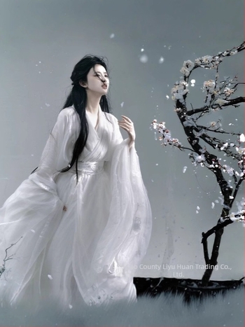 Hanfu elegáns hosszú köntös hímzett, széles ujjak, kettős gallér, jacquard motívum szilvavirág