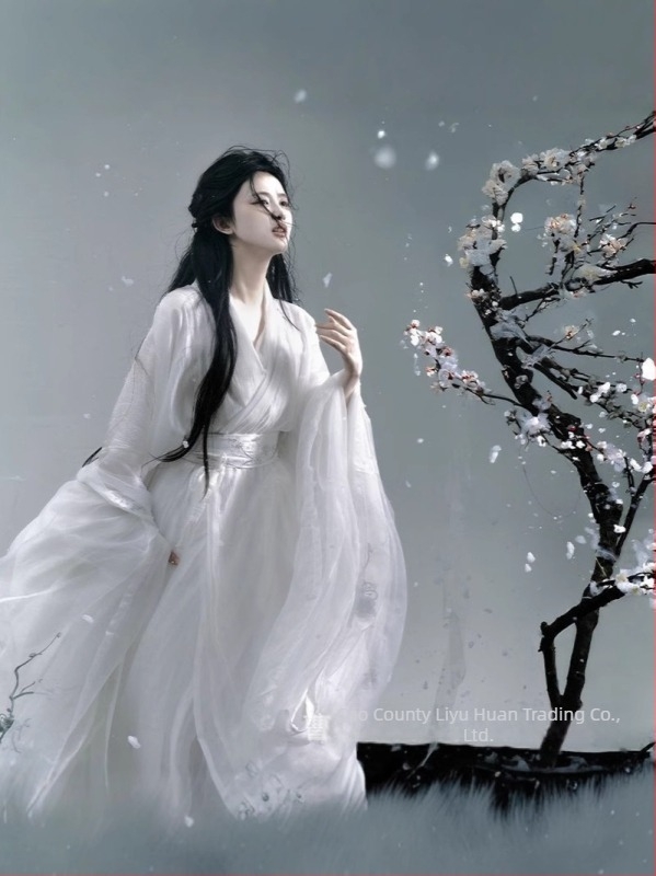 Hanfu elegáns hosszú köntös hímzett, széles ujjak, kettős gallér, jacquard motívum szilvavirág