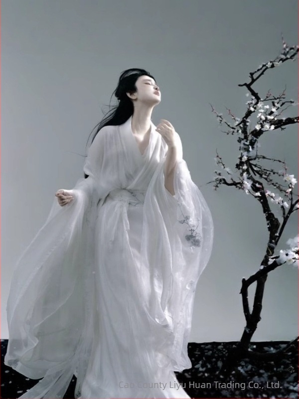 Hanfu elegáns hosszú köntös hímzett, széles ujjak, kettős gallér, jacquard motívum szilvavirág