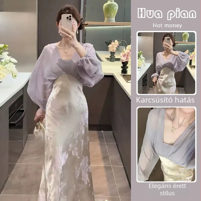 Lila Jacquard-szatén női ruha, A-vonal, U-nyak, hosszú ujjú, midi hossz, 2025 nyár