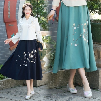 Hanfu-stílusú hosszú szoknya virágos hímzéssel, pamut, magas derék, bő esés