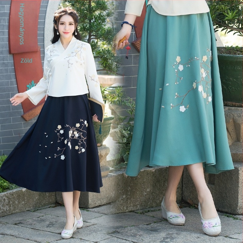 Hanfu-stílusú hosszú szoknya virágos hímzéssel, pamut, magas derék, bő esés