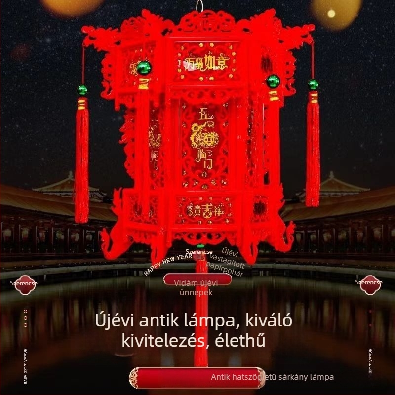 Műanyag hatszögletű sárkány lámpa kínai antik stílusban, LED-del, forgó palota lámpa erkélyre