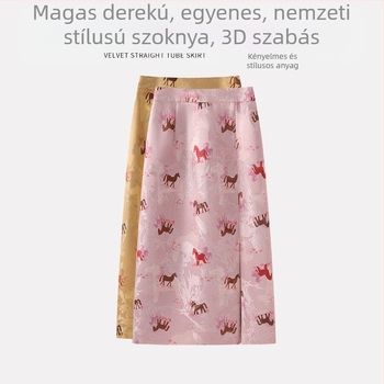 Rózsaszín midi szoknya magas derékkal, hasítékkal, nyomatos mintával, új kínai stílusban – A-vonal