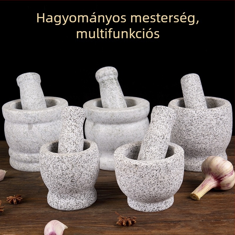 Természetes kőből készült fokhagyma mozsár és törő, fokhagymapucolóval és őrlővel, konyhai használatra
