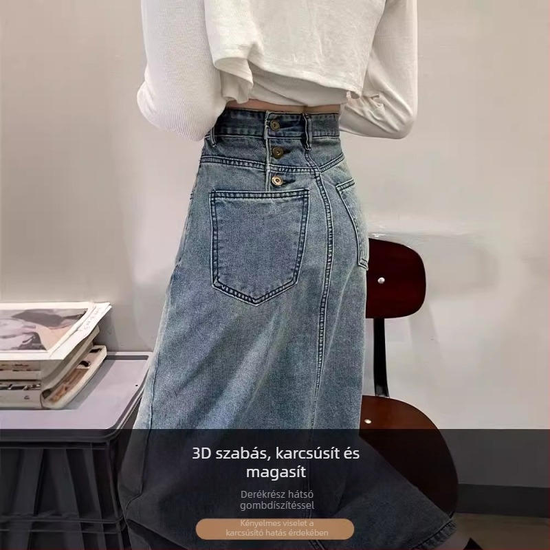 Női magas derekú farmer szoknya, vintage stílus, kék mosott denim, 2023 ősz, három gomb és hasítékkal