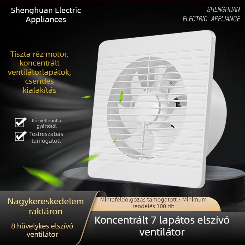 8 hüvelykes fürdőszobai szellőzőventilátor, ablakos típusú, falra szerelhető, kör alakú, WC és konyha