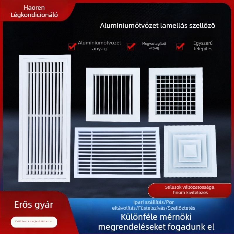Alumíniumötvözetből készült kettőslapos lamellás levegőnyílás, vízálló, levehető frisslevegő-rendszerrel, rostélyos stílus
