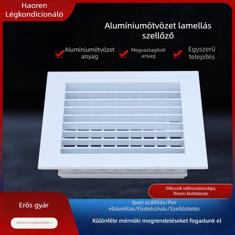 Alumíniumötvözetből készült kettőslapos lamellás levegőnyílás, vízálló, levehető frisslevegő-rendszerrel, rostélyos stílus