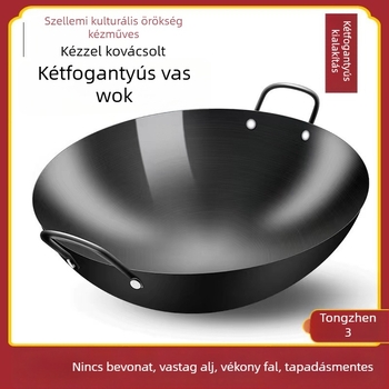 Zhangqiu kézzel készített kétfülű vas wok, nagy méretű, tapadásmentes, bevonat nélküli, gázégőhöz, hagyományos otthoni használatra