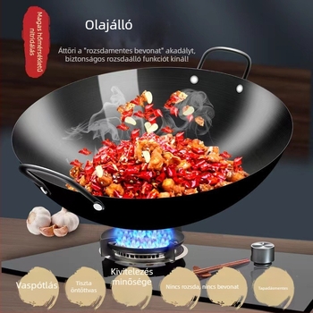 Zhangqiu kézzel készített kétfülű vas wok, nagy méretű, tapadásmentes, bevonat nélküli, gázégőhöz, hagyományos otthoni használatra