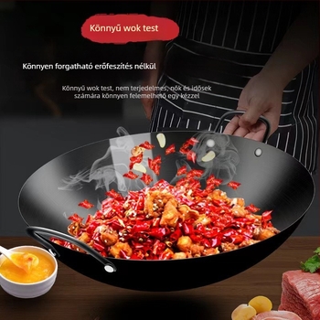 Zhangqiu kézzel készített kétfülű vas wok, nagy méretű, tapadásmentes, bevonat nélküli, gázégőhöz, hagyományos otthoni használatra