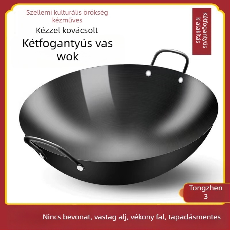 Zhangqiu kézzel készített kétfülű vas wok, nagy méretű, tapadásmentes, bevonat nélküli, gázégőhöz, hagyományos otthoni használatra