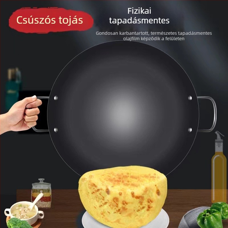 Zhangqiu kézzel készített kétfülű vas wok, nagy méretű, tapadásmentes, bevonat nélküli, gázégőhöz, hagyományos otthoni használatra