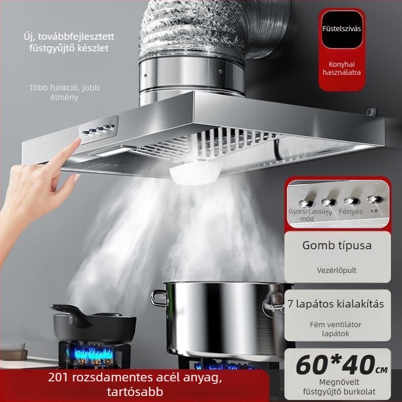 FD-200 Rozsdamentes acél konyhai páraelszívó, 60 × 40 cm, erős szívás és beépített világítás