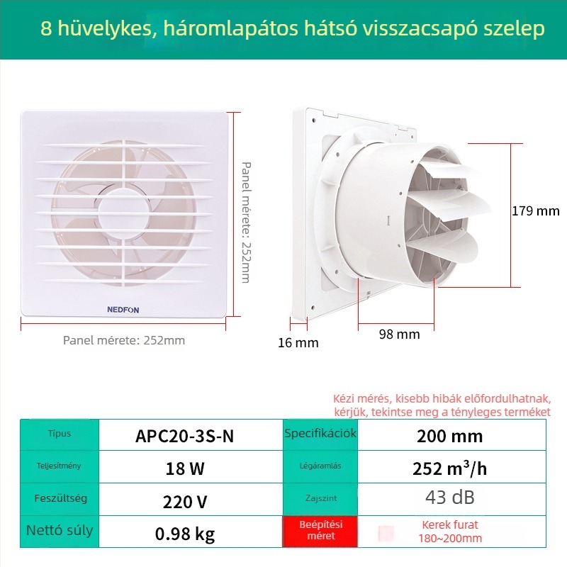 Green Island Wind fürdőszobai kipufogóventilátor, falra és ablakra szerelhető, APC20-3S-N