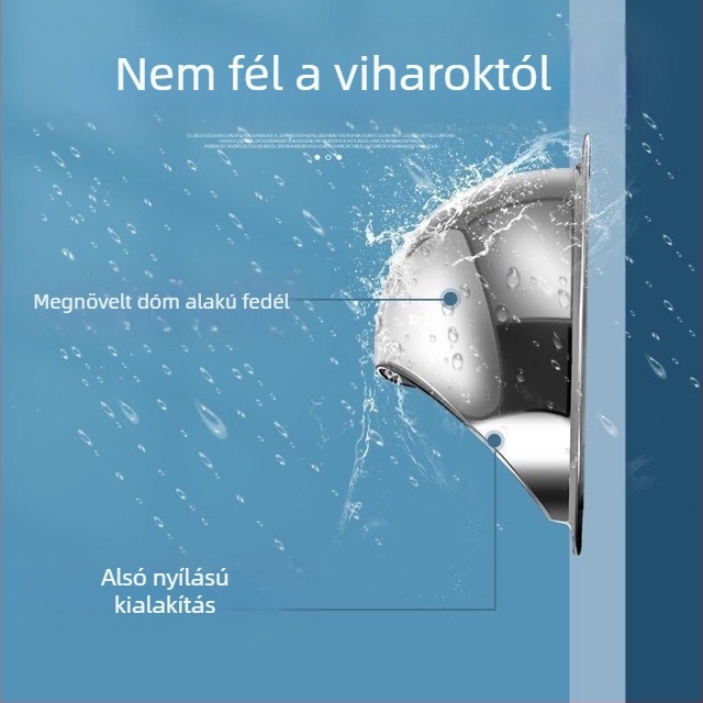 304 rozsdamentes acélból készült kipufogócső, külső falon lévő szellőző nyílás, esőálló, madár- és szúnyogvédelmes, szélvédő kupak